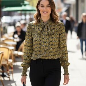 Happy Nature Geometric Print Smocked Long Sleeve Blouse Blue Women's Large